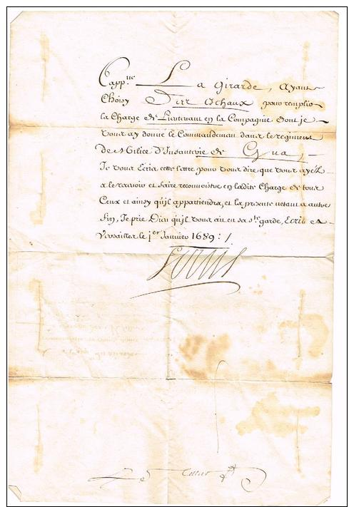 LOUIS XIV - Versailles Le 1er Janvier 1689, Lettre Signée "LOUIS" (Secrétaire) Pour Le Capitaine Commandant Le Régiment - Autres & Non Classés