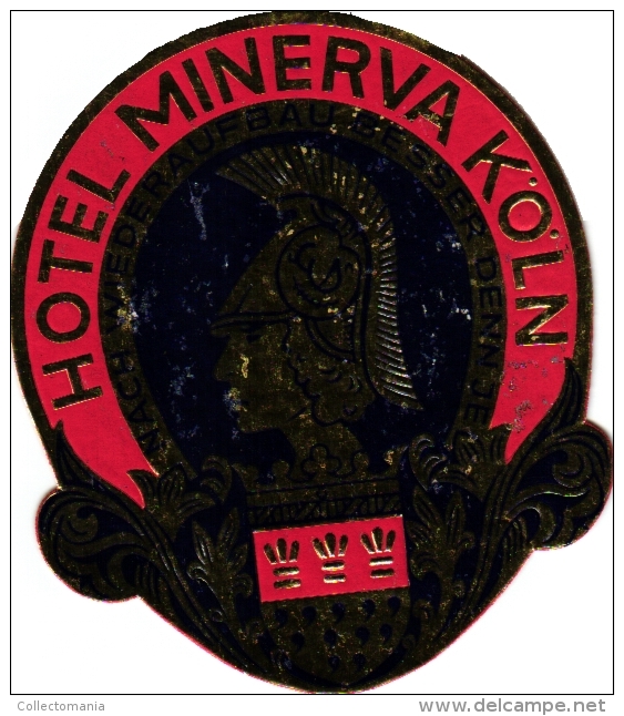 10 Hotel labels etiketten  Kaiserhof Nurnberg - Torbrau Munchen - Haml Konstanz - Minerva Koln - Boppard c1950