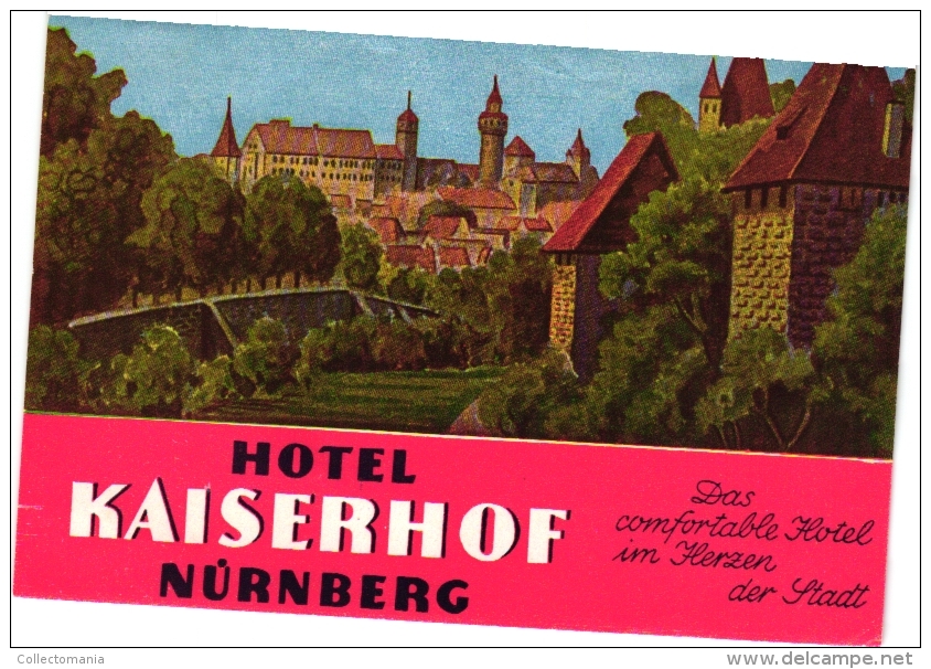 10 Hotel labels etiketten  Kaiserhof Nurnberg - Torbrau Munchen - Haml Konstanz - Minerva Koln - Boppard c1950