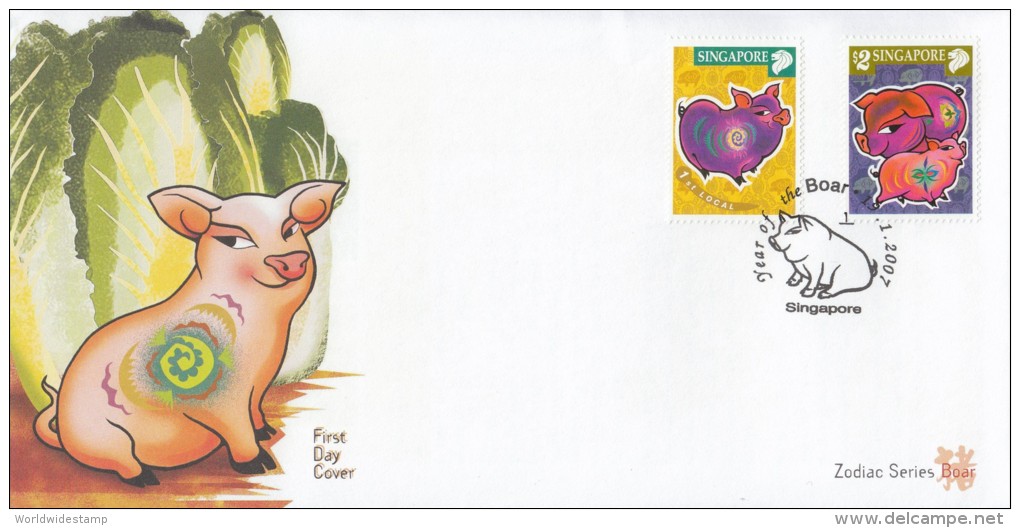Singapore Chinese New Year Stamp FDC: Zodiac Series 2007 Boar Pig SG122661 - Singapore (1959-...)