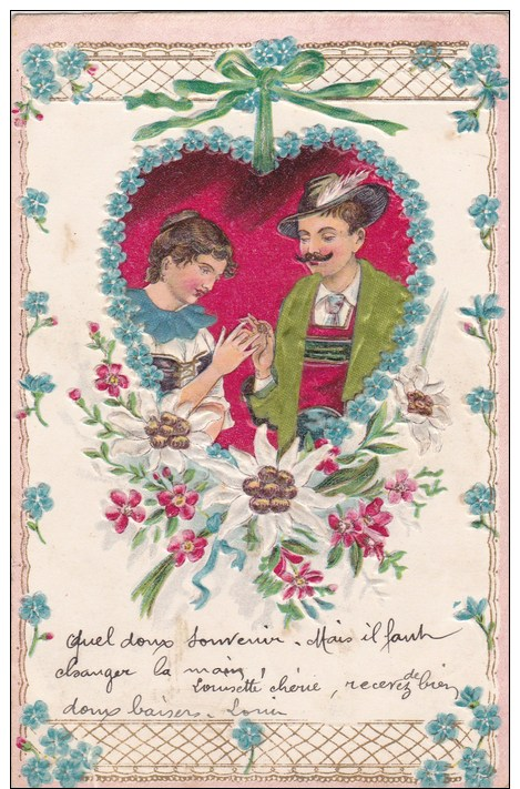 A2A Z22 CPA SUISSE ?? BELLE FANTAISIE GAUFFRER EFFET FEUTRINE SUR LES VETEMENTS COUPLE AMOUR FLEUR CACHET AMBULANT 1903 - Trin