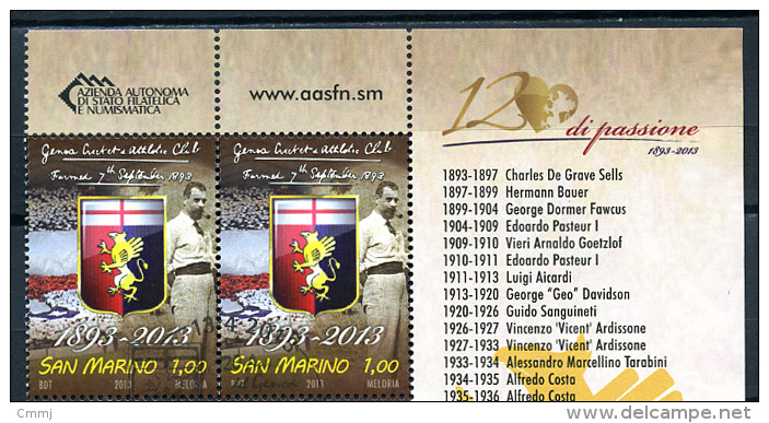 2013 - SAN MARINO - SAINT-MARIN -  120 Anni Del Genoa Cricket And Football Club -   F.D.C. - Oblitérés