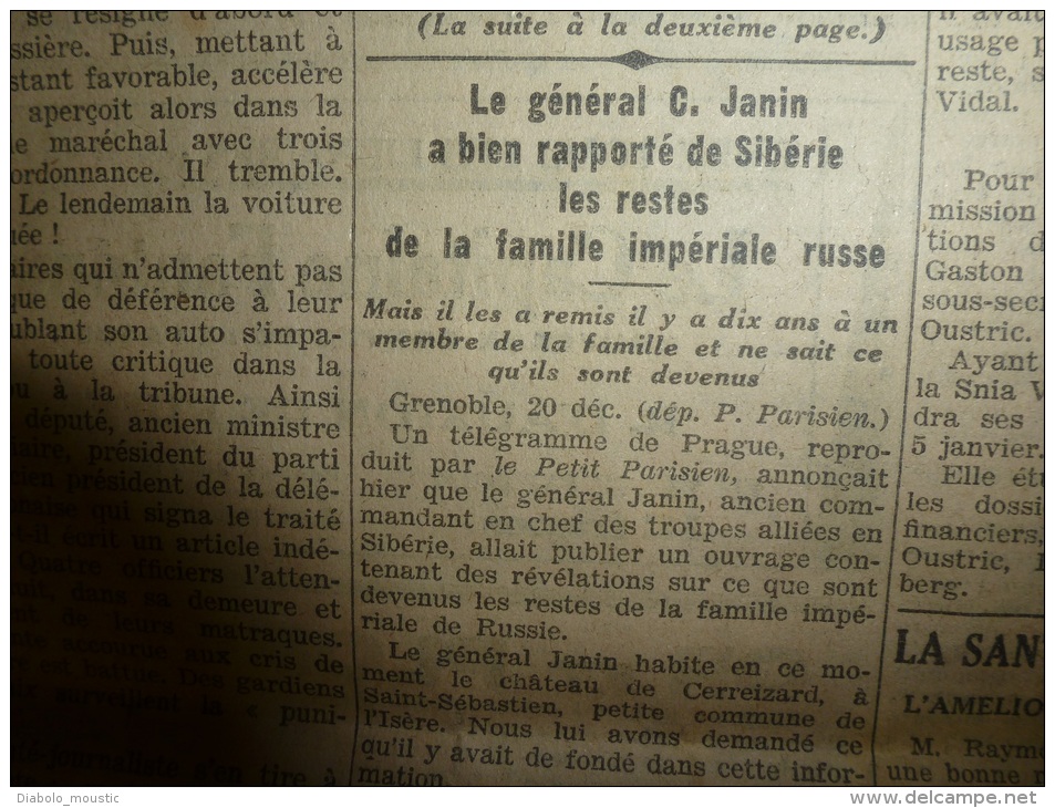 21-12-1930  LE PETIT PARISIEN :Eruption Volcanique JAVA; Navire Finlandais Coulé KATTEGAT;Découverte Ossements Tsar Russ - Le Petit Parisien