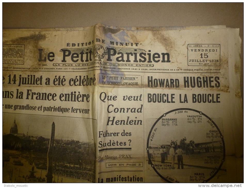 15 -7- 1938  LE PETIT PARISIEN :Tour Du Monde En Avion; Sagonte, Ségorbe,Dénia,Teruel,Alboraya,Carcagente;Athlète Inapte - Le Petit Parisien