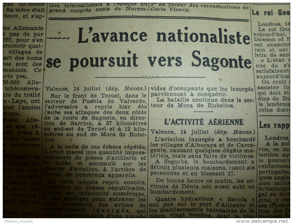 15 -7- 1938  LE PETIT PARISIEN :Tour Du Monde En Avion; Sagonte, Ségorbe,Dénia,Teruel,Alboraya,Carcagente;Athlète Inapte - Le Petit Parisien