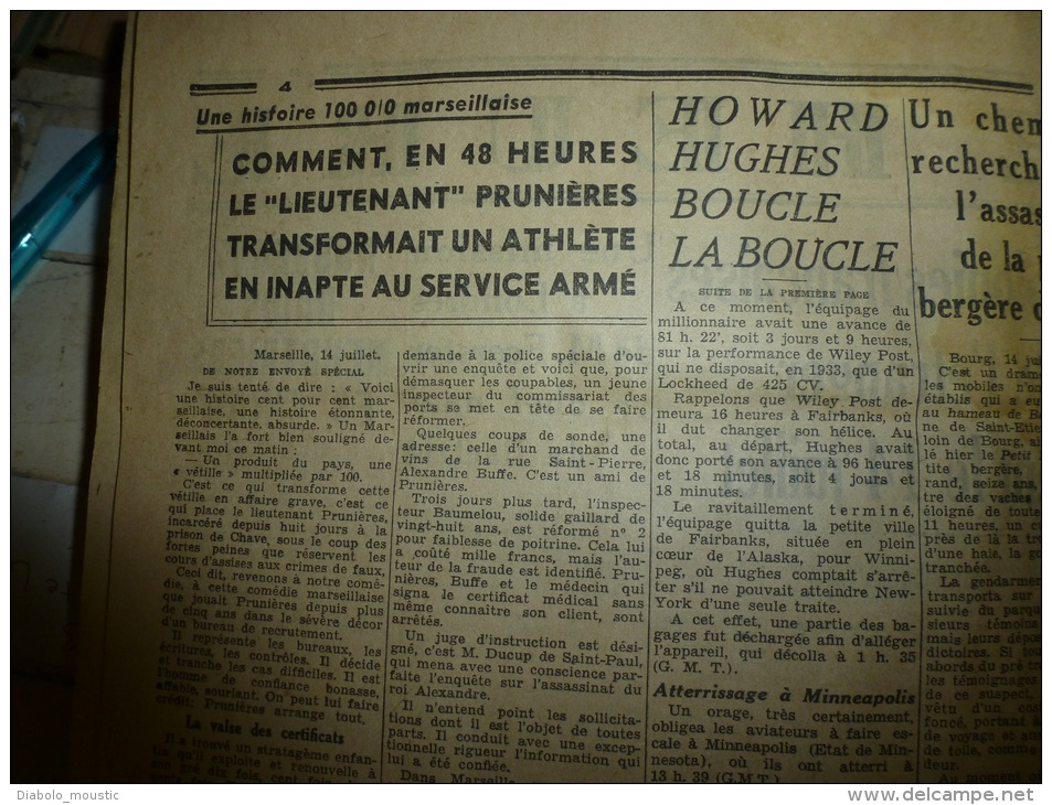 15 -7- 1938  LE PETIT PARISIEN :Tour Du Monde En Avion; Sagonte, Ségorbe,Dénia,Teruel,Alboraya,Carcagente;Athlète Inapte - Le Petit Parisien