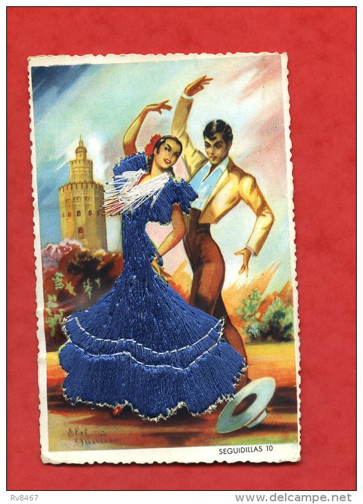 * Carte Mi Illustrée Mi Brodée(Couple De Danseurs)-SEGUIDILLAS 10 - Embroidered