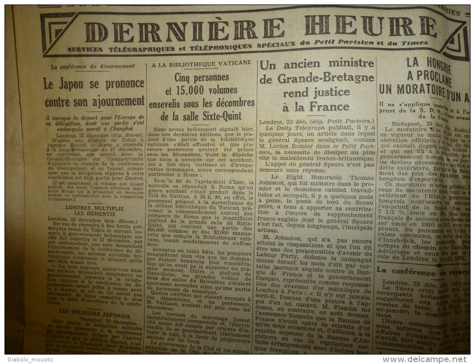 24 Décembre 1931  LE PETIT PARISIEN: De Haiphong à Hong-Kong ; Hongrie; Un Chaudronnier Meurtrier D'un Forain; - Le Petit Parisien