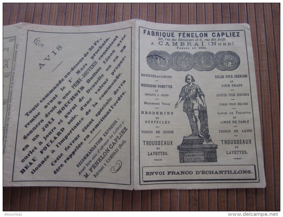 1895 Dépliant Publicitaire Fabrique Fénelon Capliez R Des Juifs à Cambrai(Nord)mouchoir Linge De Table Tissu Laine,coton - Altri & Non Classificati