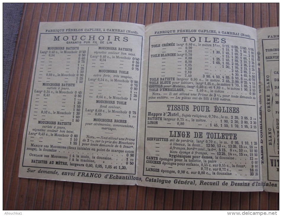 1895 Dépliant publicitaire fabrique Fénelon Capliez r des juifs à Cambrai(Nord)mouchoir linge de table tissu laine,coton