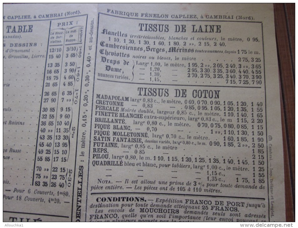 1895 Dépliant publicitaire fabrique Fénelon Capliez r des juifs à Cambrai(Nord)mouchoir linge de table tissu laine,coton