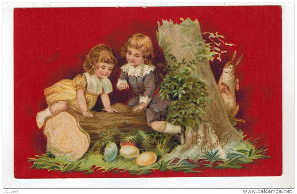 2067   Easter  Young Boy & Girl Playing On Tree Stump - Easter