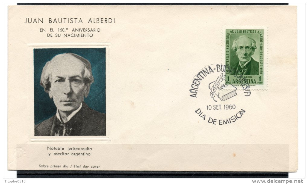 ARGENTINE : N°624 Sur Enveloppe 1er Jour (FDC) De 1960. Personnalité Alberdi. - FDC