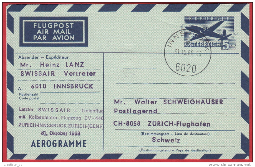 Zwei (2) Briefe Letzer Swissair Innsbruck - Zürich 31.10.68 / Mit Inspecktorat / Voo 6020 / Hin & Zurück - First Flight Covers