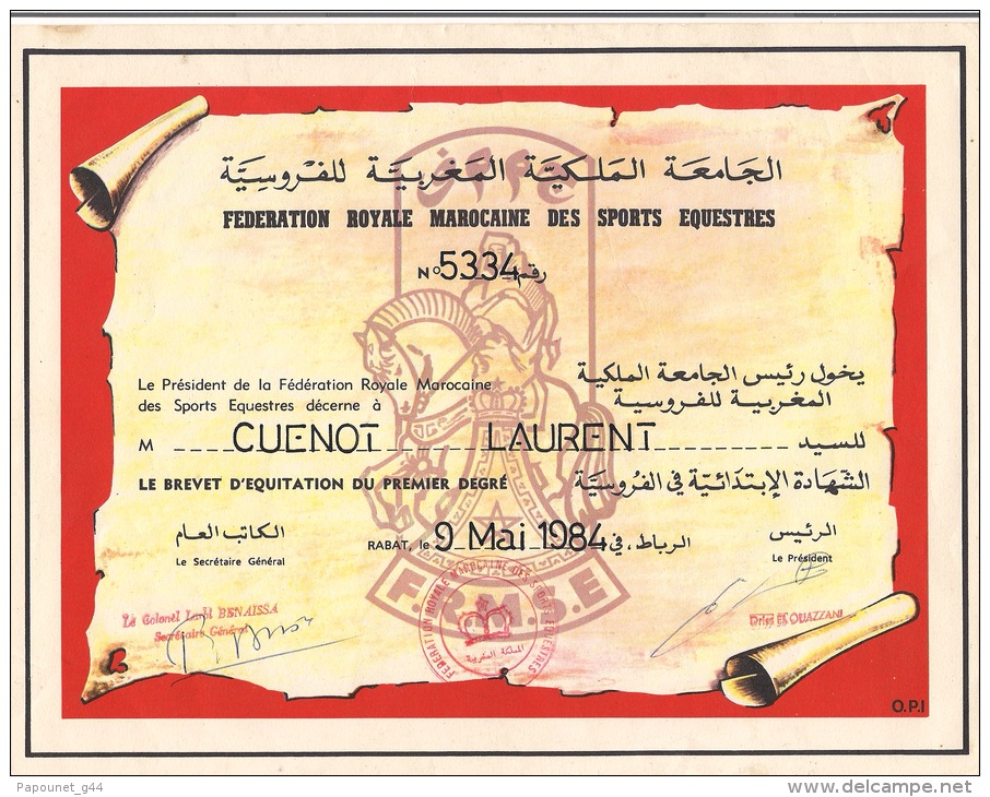 Diplôme Fédération Royale Marocaine Des Sports Equestres 1984 - Diploma's En Schoolrapporten