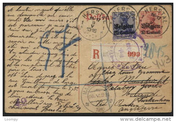 14-18 - Entier Carte Postale Recom. HERSTAL 1916 Vers Maastricht Et Réexp. Vers L'Angleterre + Censures - OC1/25 Generalgouvernement 