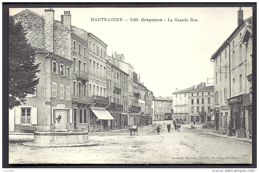 CPA ANCIENNE- FRANCE- CRAPONNE (43)- GRANDE RUE ANIMÉE- VACHES ALLANT A L'ABREUVOIR- COMMERCE ROBERT BOST- AUTO-MOBILINE - Craponne Sur Arzon