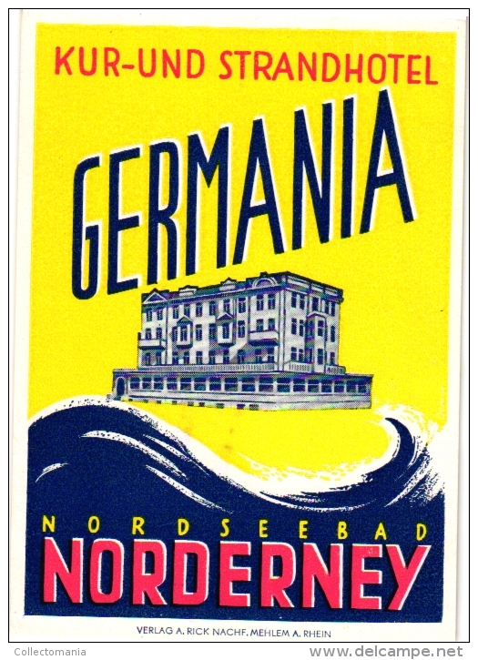 9 Hotel Labels - Etiketten -Koln Norderney Nauheim Hannover Schwarzwald Frankfurt Dusseldorf - Etiquettes Koffer Kleber - Hotel Labels