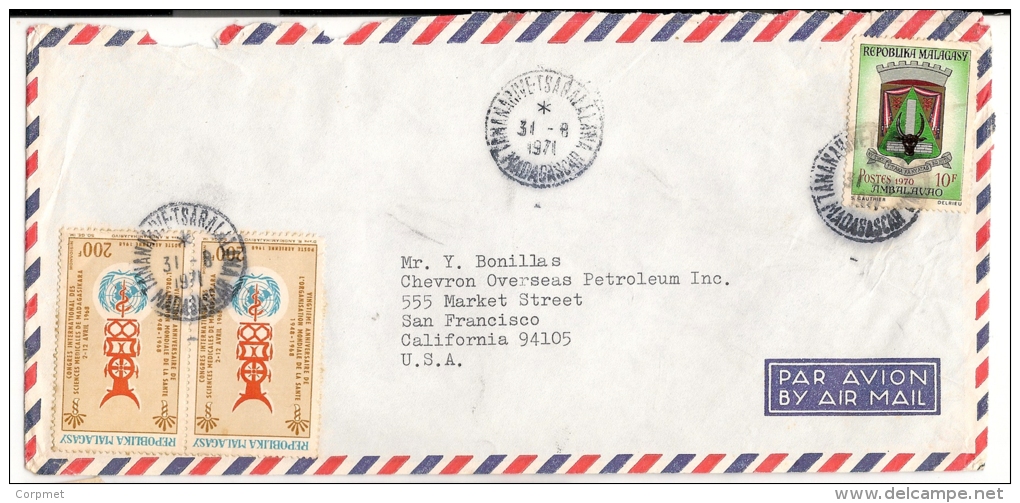 OMS - 1971 COVER Sent From CHEVRON From TANANARIVE, MADAGASCAR To SAN FRANCISCO With Yvert # 104 Pair  + 437A Armoiries - OMS