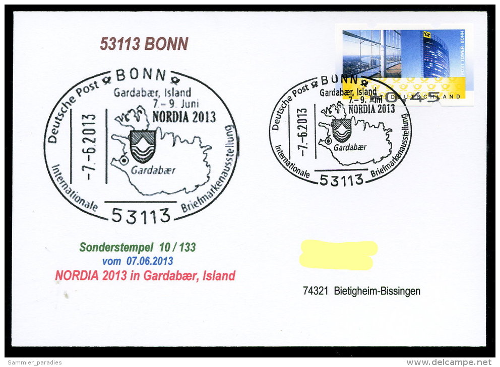 91467) BRD - SoST-Karte 10/133 - 53113 BONN Vom 7.6.2013 - NORDIA 2013 Island Briefmarkenausstellung - Maschinenstempel (EMA)