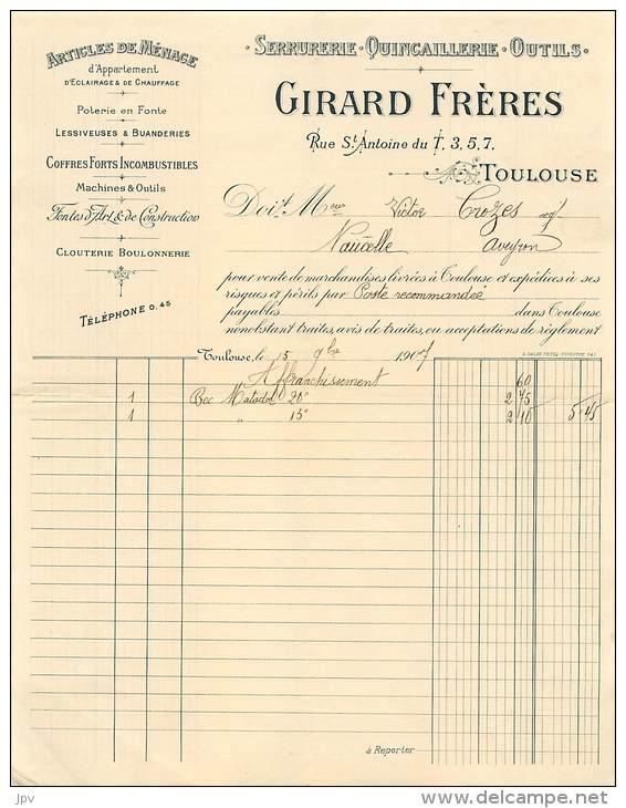 LETTRE FACTURE : TOULOUSE . QUINCAILLERIE GIRARD FRERES . 1907 . - 1800 – 1899