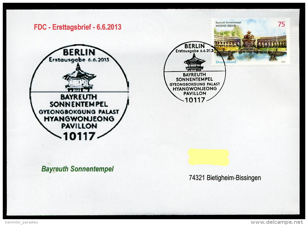 27864) BRD - Michel 3013 / 3014 - 2 FDC ESST Berlin - Sonnentempel Bayreuth, Gyeongbokgung Palast Hyangwonjeong Pavillon - Autres & Non Classés