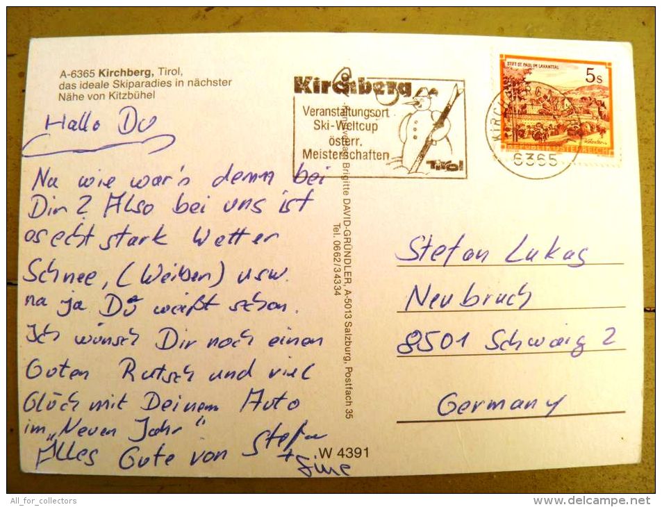 2 Scans, Post Card Sent From Austria, Special Cancel Snowman Kirchberg Tirol Ski - Lettres & Documents