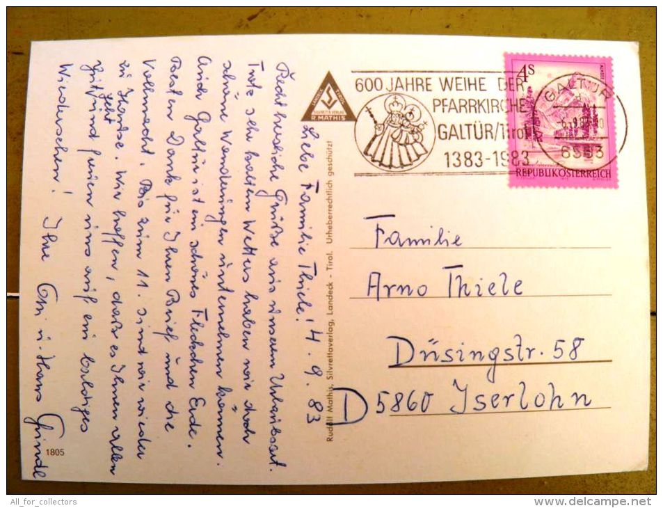 2 Scans, Post Card Sent From Austria, Special Cancel Galtur Tirol - Lettres & Documents