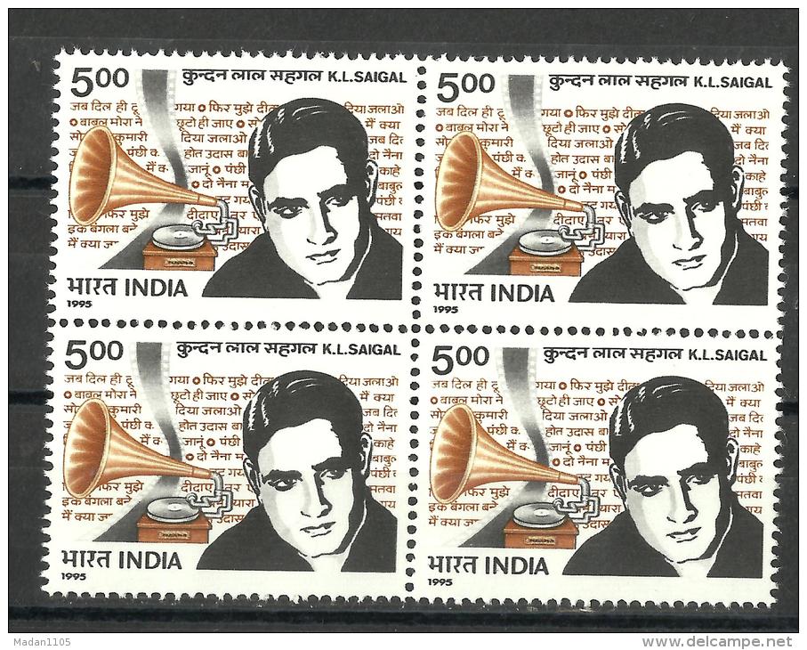 INDIA, 1995, K.L.Saigal (Actor & Singer) - Commemoration,  Block Of 4,  MNH, (**) - Neufs