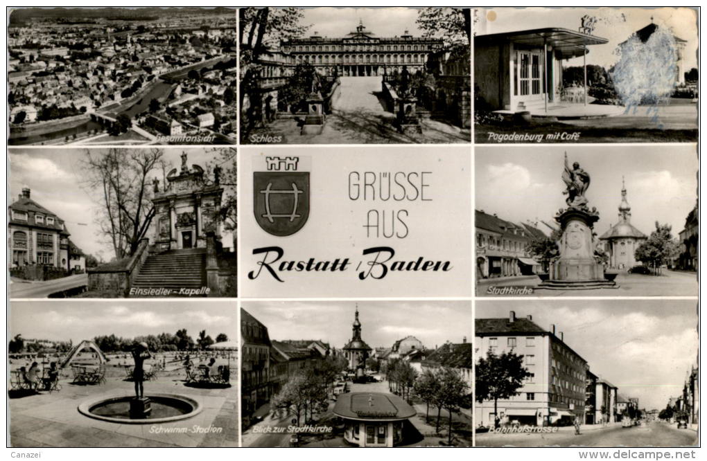 AK Rastatt / Baden, Bahnhofstraße, Stadtkirche, Schwimm-Stadion, Gel 1962 - Rastatt