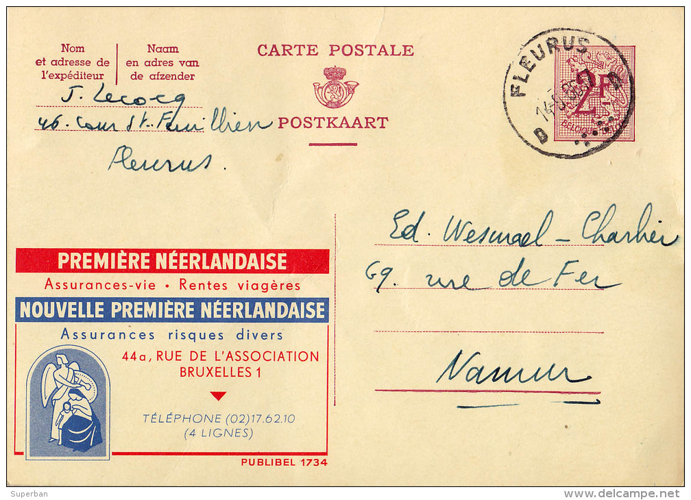 PUBLIBEL 1734 : PREMIÈRE NÉERLANDAISE - ASSURANCES VIE / RENTES VIAGÉRES - ENVOYÉ De FELURUS à NAMUR En 1960 (o-283) - Publibels