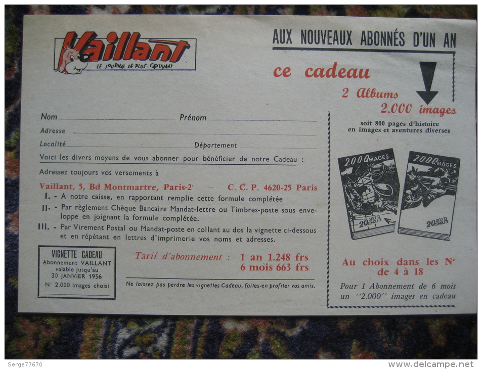 Supplément Cadeau Abonné Vaillant 1956 Pif Le Chien Humanité Arnal Vaillant Gadget Placid Muzo Arthur Abonnement Abonnés - Vaillant