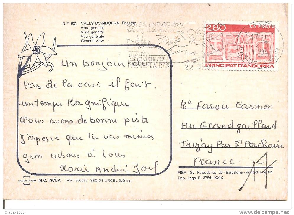N°Y&T 391   ANDORRE    Vers   TRIZAY      Le 22 MARS  1994 - Cartas & Documentos