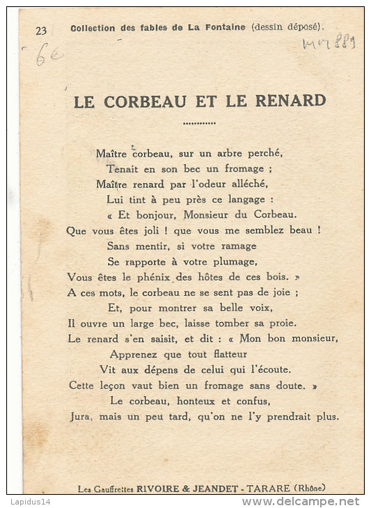 M M 889 / CHROMO- LES GAUFRETTES RIVOIRE&amp; JEANDET TARARE (RHONE) FABLE DE LA FONTAINE LE CORBEAU ET LE RENARD - Autres & Non Classés