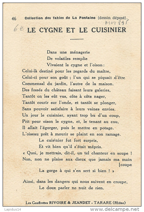 M M 895 / CHROMO- LES GAUFRETTES RIVOIRE&amp; JEANDET TARARE (RHONE) FABLE DE LA FONTAINE LE CYGNE ET LE CUISINIER - Otros & Sin Clasificación