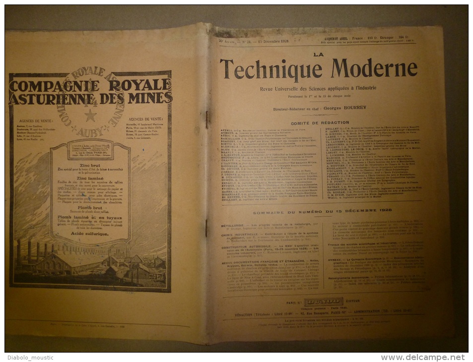 15 Décembre 1928  LA TECHNIQUE MODERNE :  Et Aussi   La XXIIe Exposition Internationale De L' AUTOMOBILE - 1900 - 1949