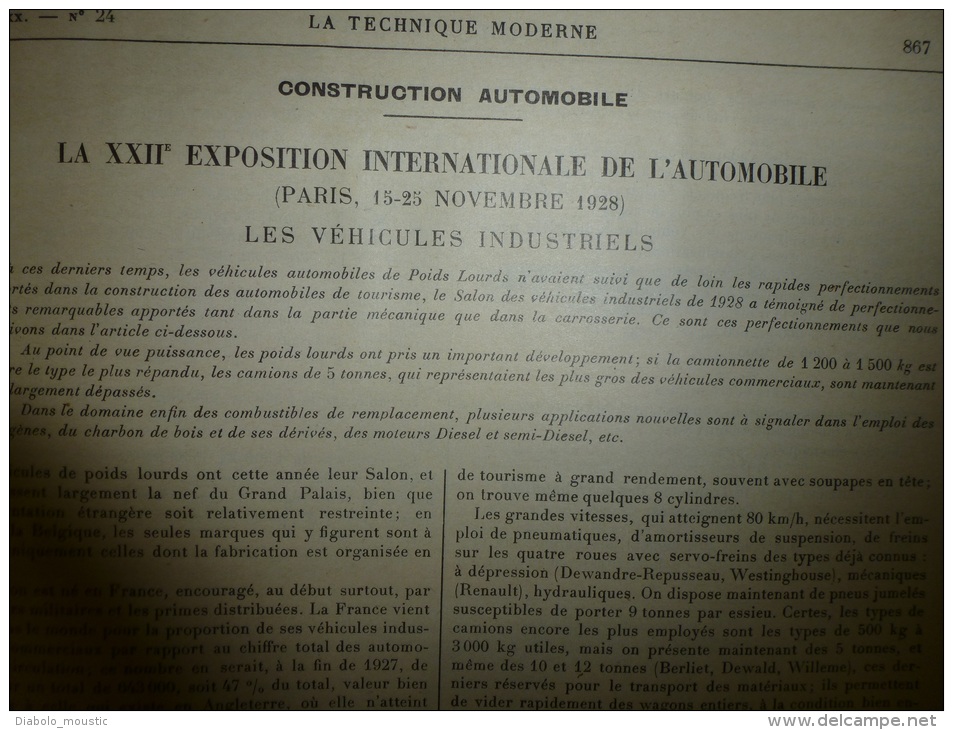 15 Décembre 1928  LA TECHNIQUE MODERNE :  Et Aussi   La XXIIe Exposition Internationale De L' AUTOMOBILE - 1900 - 1949