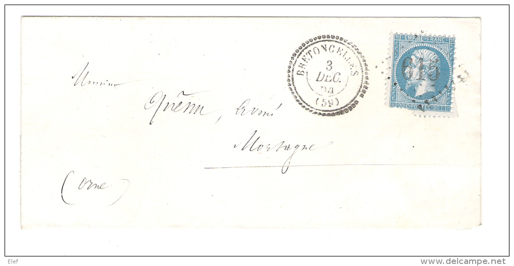 Lettre De BRETONCELLES, Orne, Cachet PERLE Du 3 Décembre 1864, GC 615 Sur N° 22, INDICE 10 > Mortagne / Huine, Cote 70 E - 1849-1876: Klassik