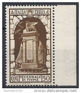 1934 REGNO POSTA AEREA FIUME 50 CENT MNH ** - FIUM57-5 - Posta Aerea