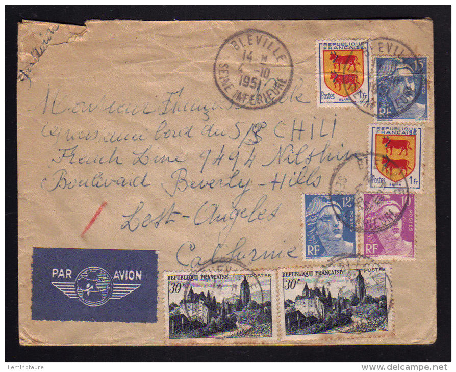 Lettre Avion Pour Les U.S.A. / Tarif 99F - Affr. Arbois - Marianne De Gandon - Blasons / BLEVILLE 04.10.1951 - 1921-1960: Période Moderne