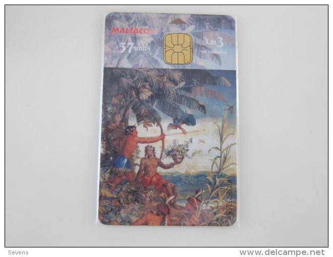 Malta Chip Phonecard,painting "Indian Hunter"-Air Malta Airlines,used - Malte