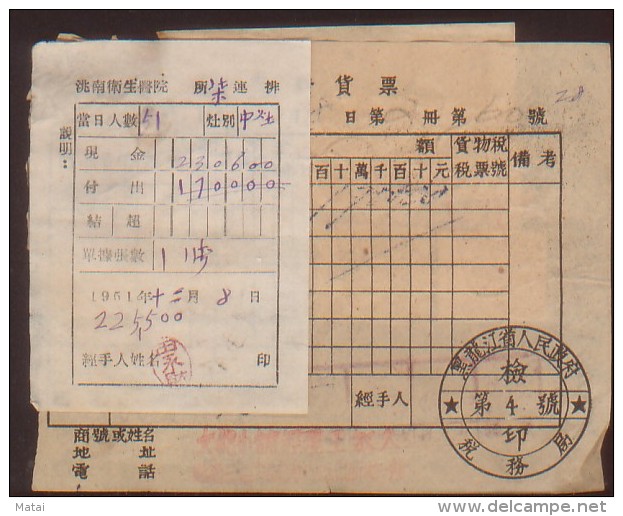 CHINA CHINE 1951.12.8  RECEIPT WITH  TAONAN REVENUE STAMP - Nuovi