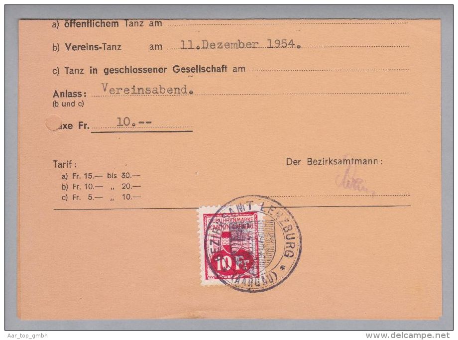 Heimat AG Lenzburg 1954-12-14 Tanzbewilligung Fr.10 Fiscalmarke - Revenue Stamps