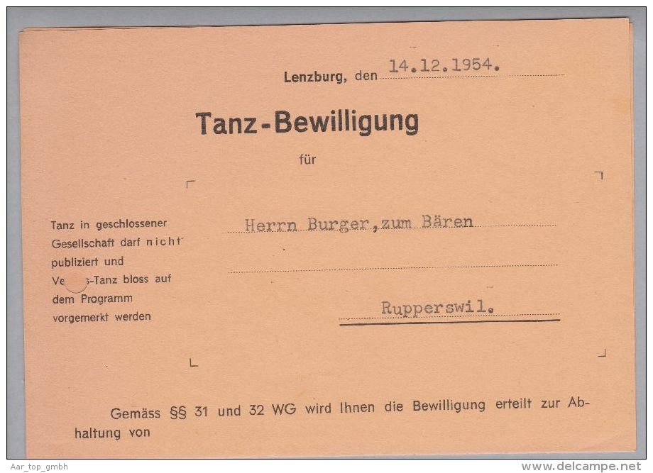 Heimat AG Lenzburg 1954-12-14 Tanzbewilligung Fr.10 Fiscalmarke - Fiscales