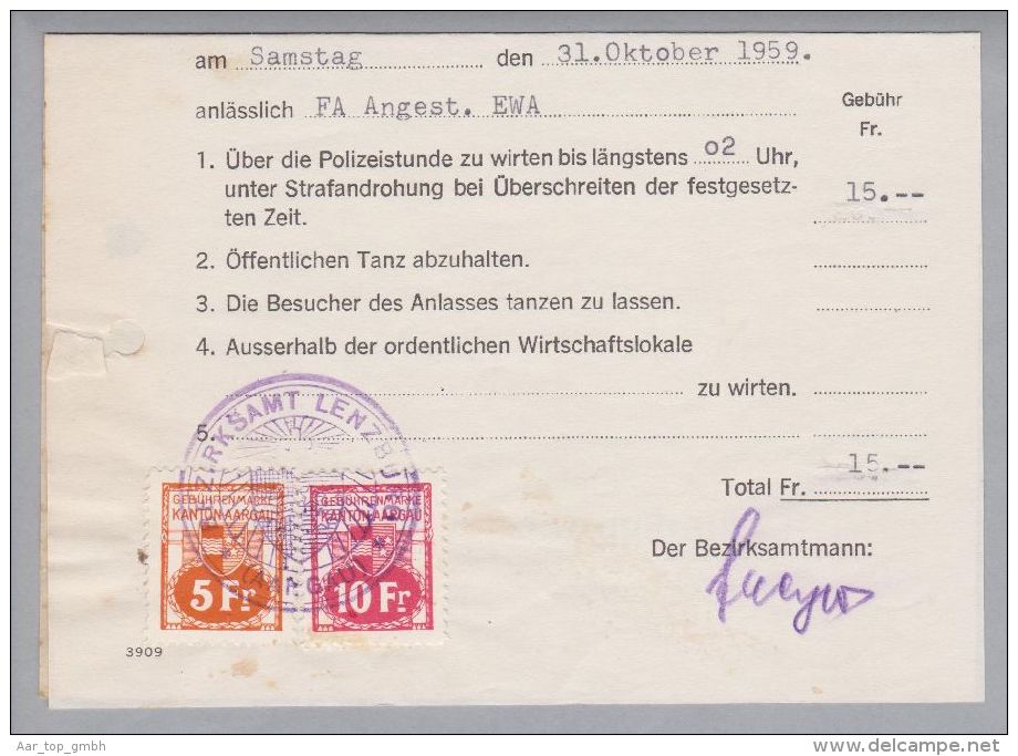 Heimat AG Lenzburg 1954-11-12 Tanzbewilligung 5 Fr.+ 10Fr. Fiscalmarke - Fiscaux