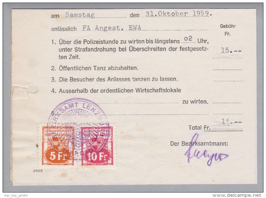 Heimat AG Lenzburg 1954-11-12 Tanzbewilligung 5 Fr.+ 10Fr. Fiscalmarke - Fiscale Zegels
