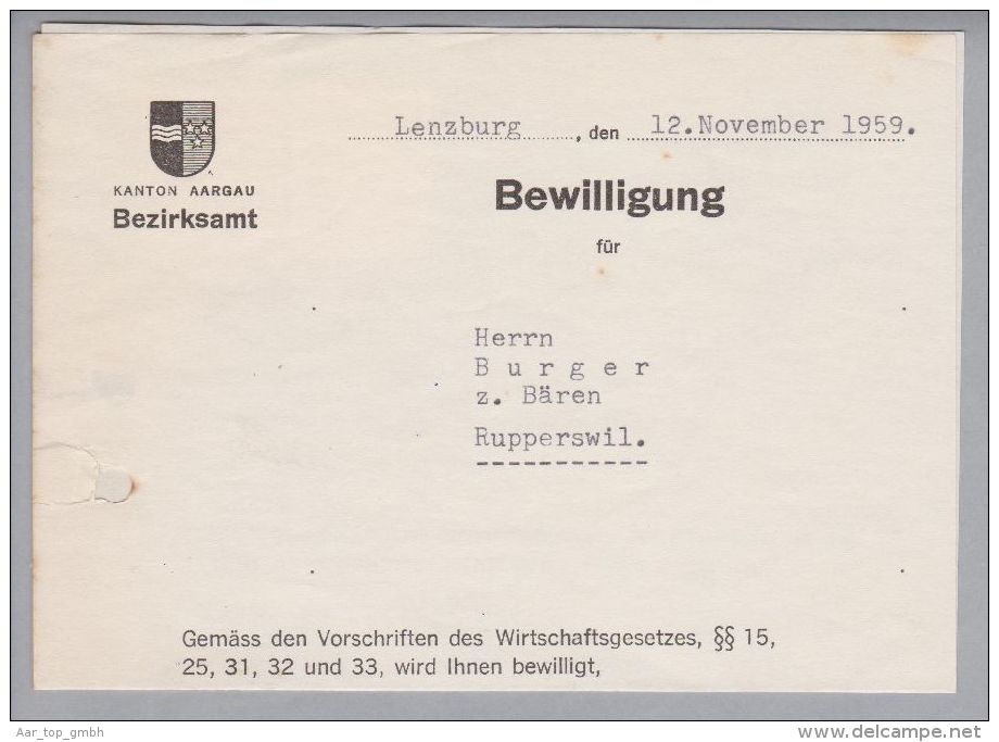 Heimat AG Lenzburg 1954-11-12 Tanzbewilligung 5 Fr.+ 10Fr. Fiscalmarke - Revenue Stamps
