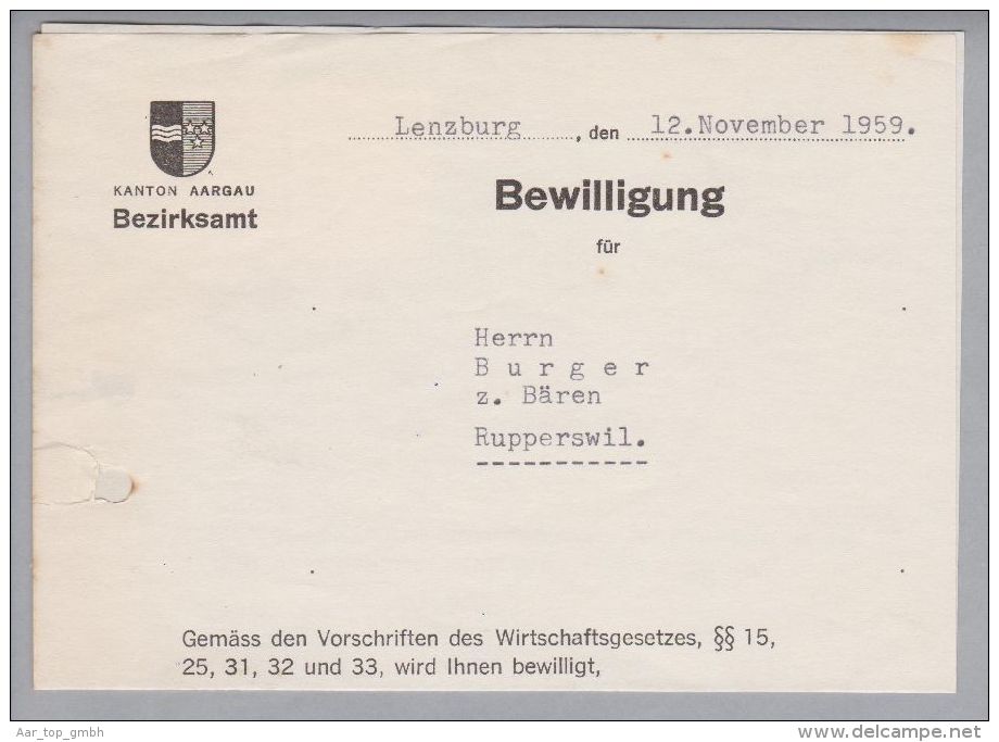 Heimat AG Lenzburg 1954-11-12 Tanzbewilligung 5 Fr.+ 10Fr. Fiscalmarke - Fiscale Zegels