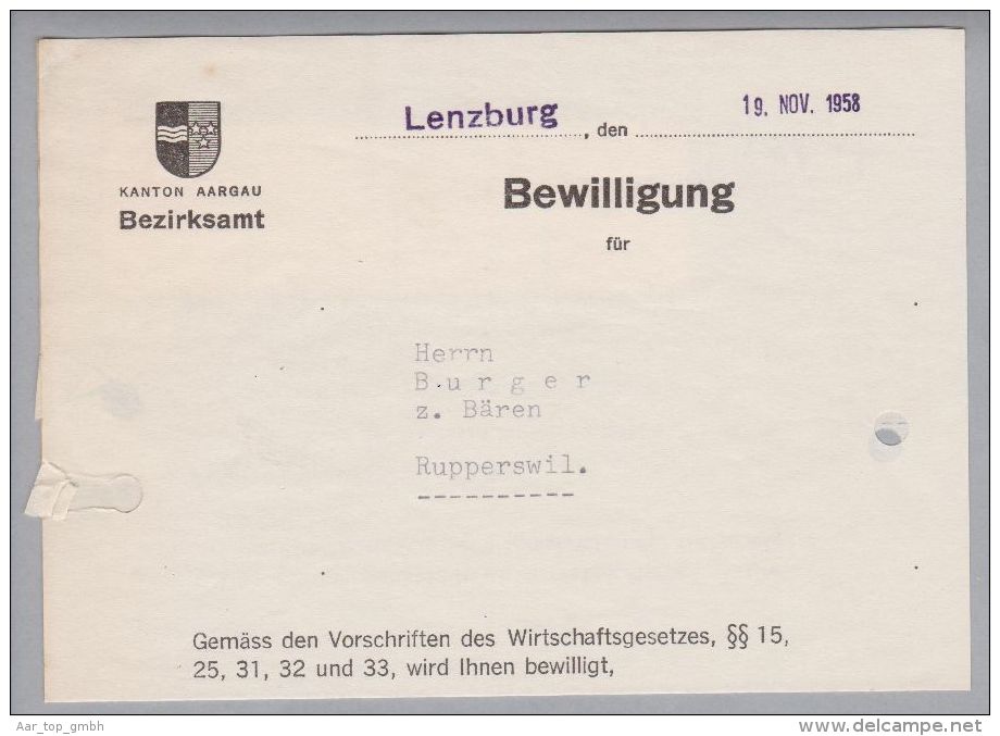 Heimat AG Lenzburg 1958-11-19 Tanzbewilligung 5 Fr.+ 3x10Fr. Fiscalmarke - Fiscaux