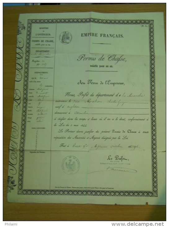 PERMIS DE CHASSE 1850, EMPIRE FRANCAIS, DEPARTEMENT DE LA MANCHE. Rare Dans Cet état. (3F1) - Documents Historiques